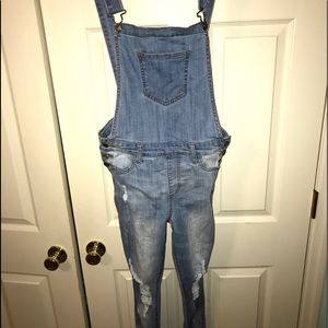 distressed blue jean overalls